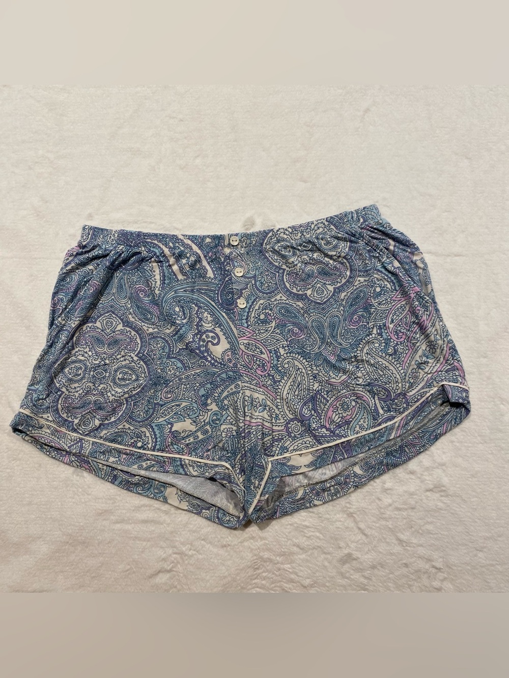 (M) Soma Cool Nights Printed Piped Pajama Cami Shorts Set Paisley Cream Blue - Picture 12 of 16